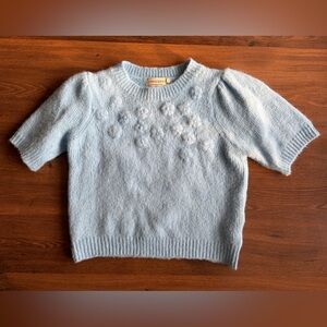 Light Blue Women’s Short Sleeve Wool Sweater | 3D Floral Neckline